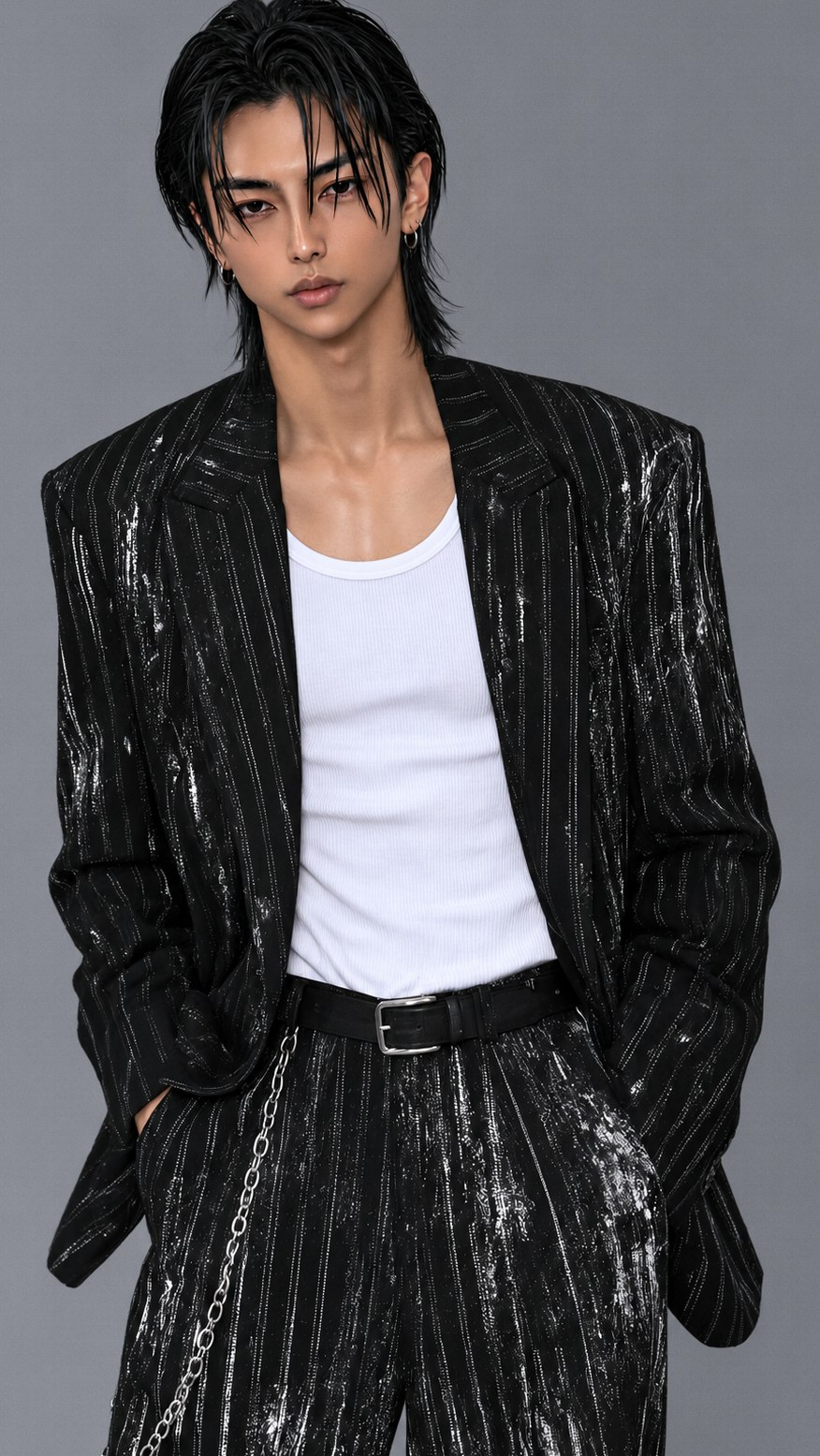 IORI in a black pinstripe suit and white tank top